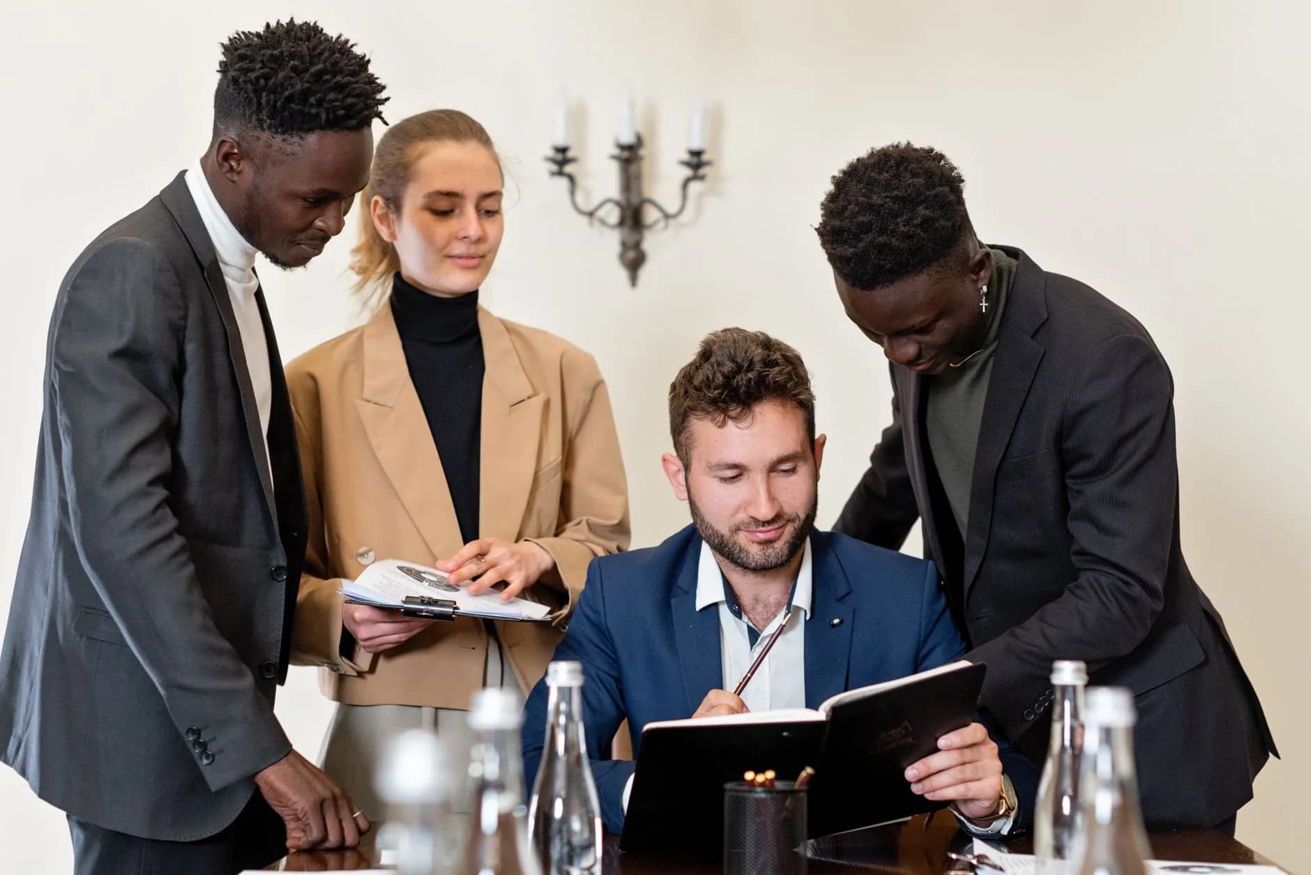 Corporate team collaborating at a company event