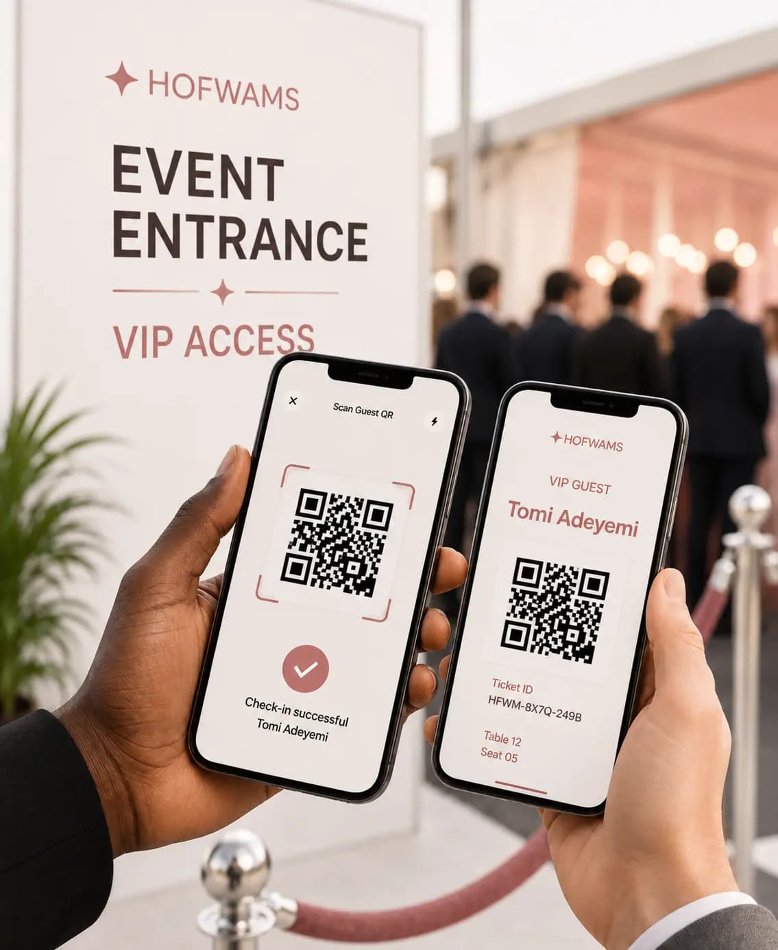 Hand holding smartphones with QR code event tickets